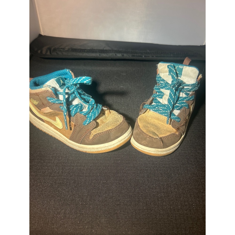 Jordan 1‎ Mid SE Toddler Sneakers Brown Gold Turquoise Accent Kids Shoes